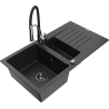 Mexen Matias žulový dřez 1,5-komorový s odkapávačem a kuchyňskou baterií Aster, černý/stříbrný - 6502-73-73450-07-B