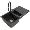 Mexen Matias granitový dřez 1,5-komorový s odkapávačem a kuchyňskou baterií Aster, černý/zlatý metalický - 6502-75-73450-07