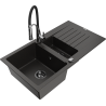 Mexen Matias granitový dřez 1,5-komorový s odkapávačem a kuchyňskou baterií Aster, černý/zlatý metalik - 6502-75-73450-07-B