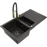Mexen Matias granitový dřez 1,5 komorový s odkapávačem a kuchyňskou baterií Aster, černý/zlatý metalík - 6502-75-73450-57-B
