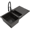 Mexen Matias žulový dřez 1,5-komorový s odkapávačem a kuchyňskou baterií Aster, černý/zlatý metalický - 6502-75-73450-70-B
