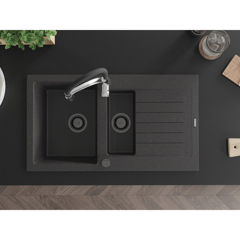 Mexen Matias granitový dřez 1,5-komorový s odkapávačem a kuchyňskou baterií Aster, černý tečkovaný - 6502-76-73450-07-B