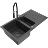 Mexen Matias granitový dřez 1,5-komorový s odkapávačem a kuchyňskou baterií Aster, černý tečkovaný - 6502-76-73450-07-B