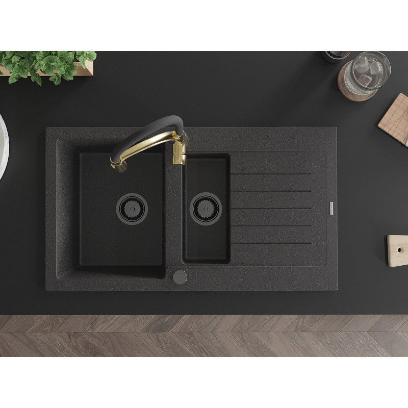 Mexen Matias granitový dřez 1,5-komorový s odkapávačem a kuchyňskou baterií Aster, černý s postříkaným - 6502-76-73450-57-B