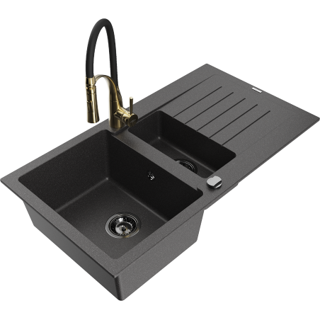 Mexen Matias granitový dřez 1,5 komorový s odkapávačem a kuchyňskou baterií Aster, černý kropenatý
