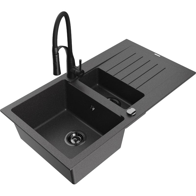 Mexen Matias granitový dřez 1,5-komorový s odkapávačem a kuchyňskou baterií Aster, černý kropenatý - 6502-76-73450-70-B