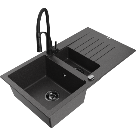 Mexen Matias granitový dřez 1,5-komorový s odkapávačem a kuchyňskou baterií Aster, černý kropenatý - 6502-76-73450-70-B