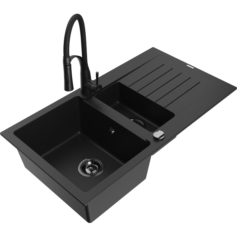 Mexen Matias granitový dřez 1,5-komorový s odkapávačem a kuchyňskou baterií Aster, černý - 6502-77-73450-70-B