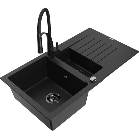 Mexen Matias granitový dřez 1,5-komorový s odkapávačem a kuchyňskou baterií Aster, černý - 6502-77-73450-70-B