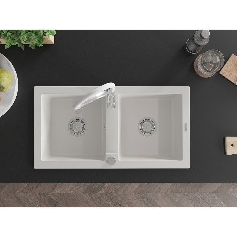 Mexen Mario žulový dvoukomorový dřez s kuchyňskou baterií Aster, bílý - 6504-20-73450-02