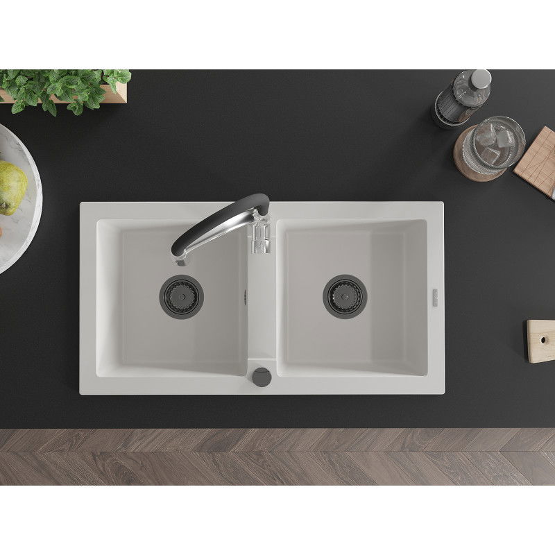 Mexen Mario granitový dvoukomorový dřez s kuchyňskou baterií Aster, bílý - 6504-20-73450-07-B