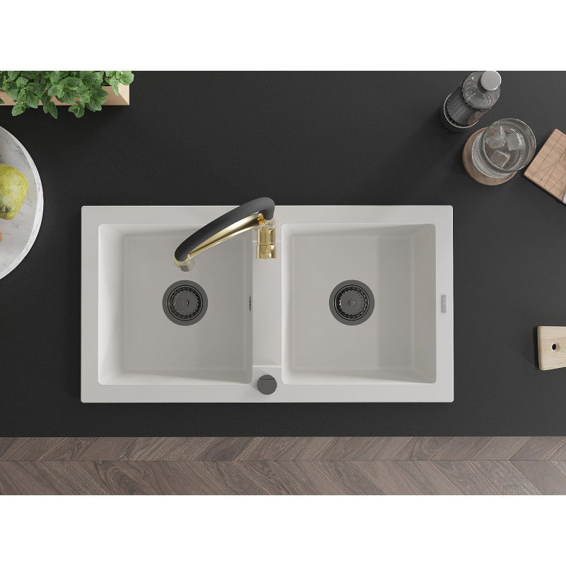 Mexen Mario dvoudřezový granitový dřez s kuchyňskou baterií Aster, bílý - 6504-20-73450-57-B