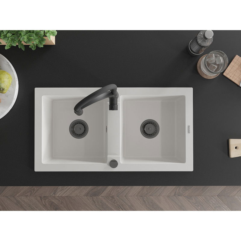 Mexen Mario dřezová granitová 2-komorová baterie Aster, bílá - 6504-20-73450-70-B