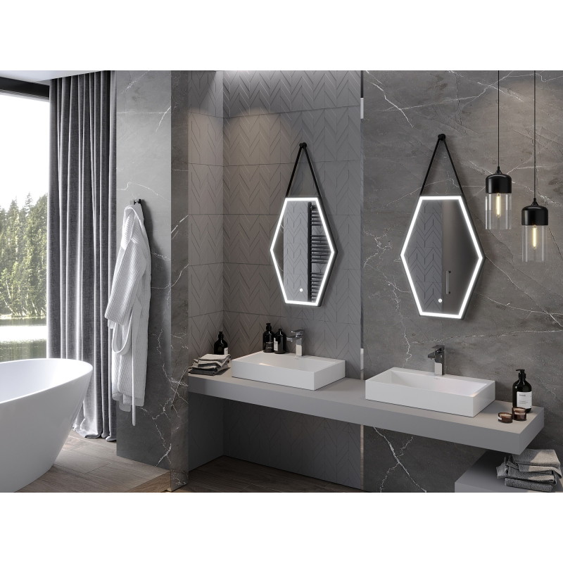 Mexen Orla osvětlené koupelnové zrcadlo 50 x 70 cm, LED 6000K, anti-mlžný, černý rám - 9815-050-070-611-70