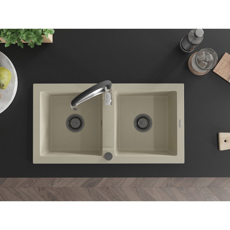 Mexen Mario granitový dřez 2-komorový s kuchyňskou baterií Aster, béžový - 6504-69-73450-07-B