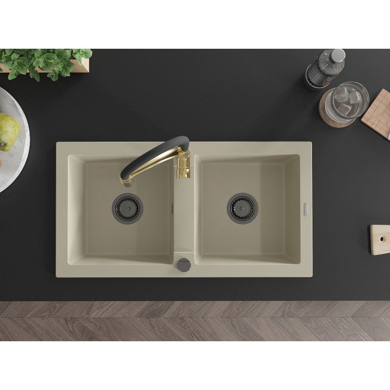 Mexen Mario granitový dřez dvoukomorový s kuchyňskou baterií Aster, béžový - 6504-69-73450-57-B
