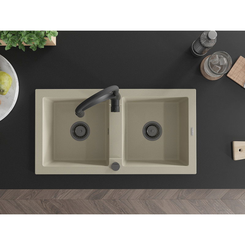 Mexen Mario granitový dřez 2-komorový s kuchyňskou baterií Aster, béžový - 6504-69-73450-70-B