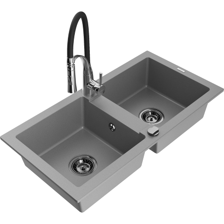 Mexen Mario dřez granitový 2-komorový s kuchyňskou baterií Aster, šedý - 6504-71-73450-07-B