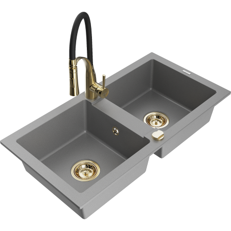 Mexen Mario granitový dřez 2-komorový s kuchyňskou baterií Aster, šedý - 6504-71-73450-57-G