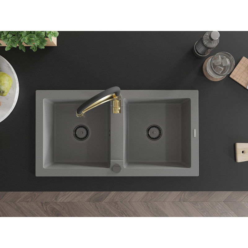 Mexen Mario dřez granitový dvoukomorový s kuchyňskou baterií Aster, šedý - 6504-71-73450-57-B