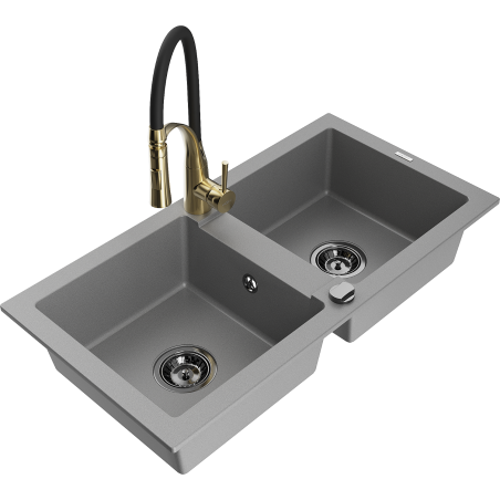 Mexen Mario dřez granitový dvoukomorový s kuchyňskou baterií Aster, šedý - 6504-71-73450-57-B