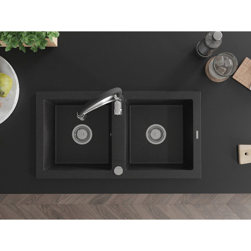 Mexen Mario granitový dřez dvoukomorový s kuchyňskou baterií Aster, černý/stříbrný metalik - 6504-73-73450-07