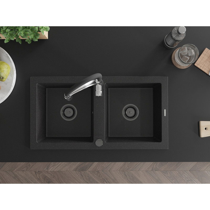 Mexen Mario Granitový dřez 2komorový s kuchyňskou baterií Aster, černý/stříbrný metalik - 6504-73-73450-07-B