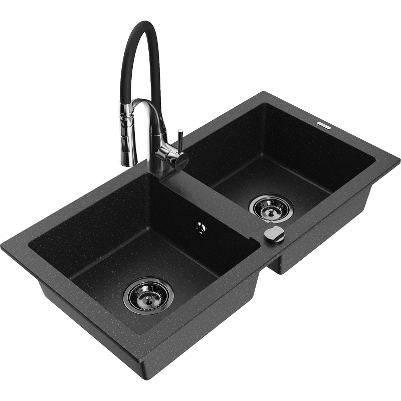 Mexen Mario Granitový dřez 2komorový s kuchyňskou baterií Aster, černý/stříbrný metalik - 6504-73-73450-07-B