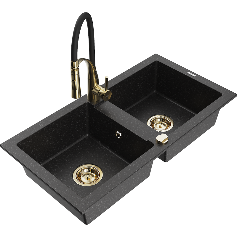 Mexen Mario granitový dřez 2-komorový s kuchyňskou baterií Aster, černý/stříbrný metalík - 6504-73-73450-57-G
