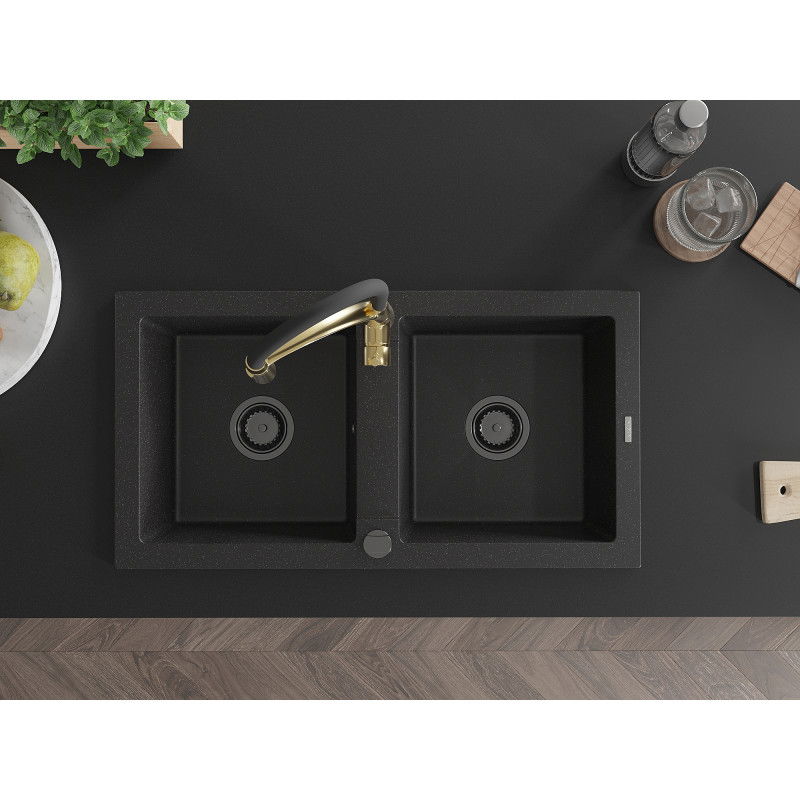 Mexen Mario dvoukomorový žulový dřez s kuchyňskou baterií Aster, černý/stříbrný metalik - 6504-73-73450-57-B