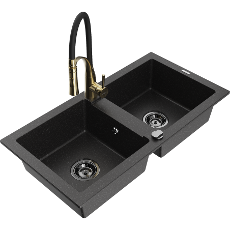 Mexen Mario dvoukomorový žulový dřez s kuchyňskou baterií Aster, černý/stříbrný metalik - 6504-73-73450-57-B
