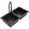 Mexen Mario dvoukomorový žulový dřez s kuchyňskou baterií Aster, černý/stříbrný metalik - 6504-73-73450-57-B