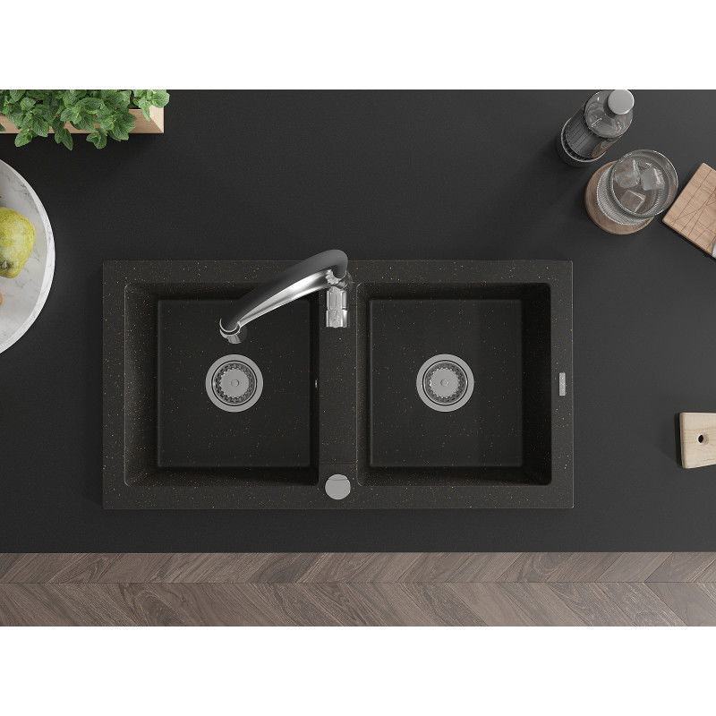 Mexen Mario dřez dvoukomorový s kuchyňskou baterií Aster, černý/zlatý metalický - 6504-75-73450-07