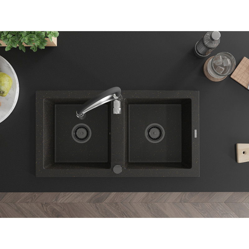 Mexen Mario granitový dvojitý dřez s kuchyňskou baterií Aster, černý/zlatý metalický - 6504-75-73450-07-B