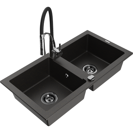 Mexen Mario granitový dvojitý dřez s kuchyňskou baterií Aster, černý/zlatý metalický - 6504-75-73450-07-B