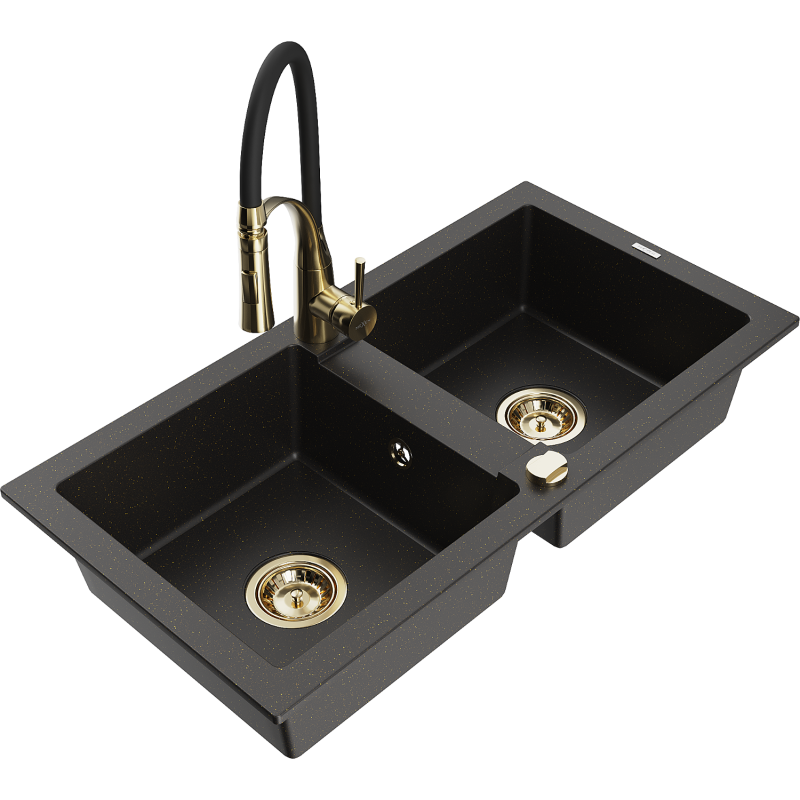 Mexen Mario granitový dřez 2-komorový s kuchyňskou baterií Aster, černý/zlatý metalik - 6504-75-73450-57-G
