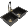Mexen Mario granitový dřez 2-komorový s kuchyňskou baterií Aster, černý/zlatý metalik - 6504-75-73450-57-G