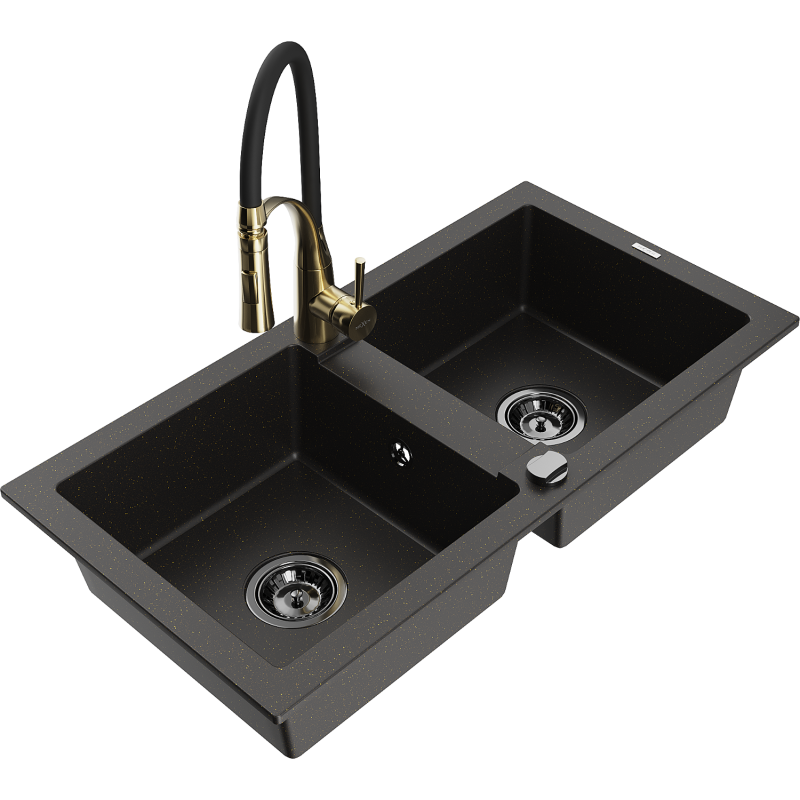 Mexen Mario dřez granitový 2-komorový s kuchyňskou baterií Aster, černý/zlatý metalik - 6504-75-73450-57-B
