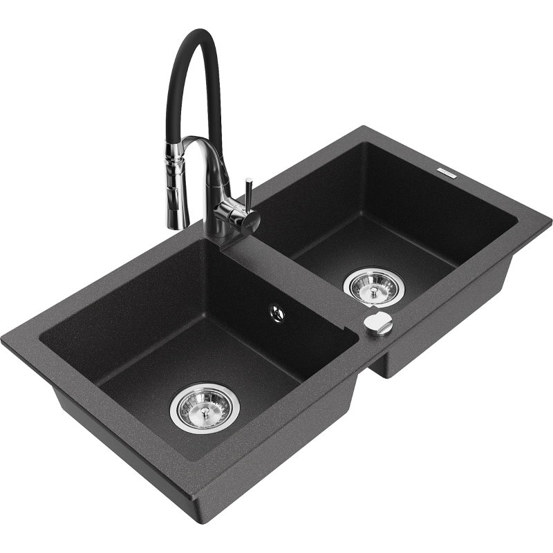 Mexen Mario granitový dřez 2-komorový s kuchyňskou baterií Aster, černý kropenatý - 6504-76-73450-07