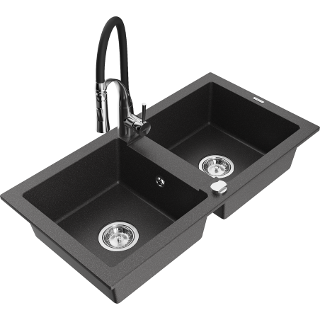 Mexen Mario granitový dřez 2-komorový s kuchyňskou baterií Aster, černý kropenatý - 6504-76-73450-07