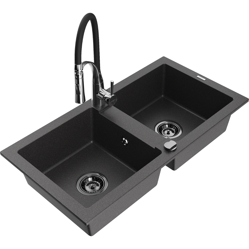 Mexen Mario granitový dřez 2-komorový s kuchyňskou baterií Aster, černý s tečkami - 6504-76-73450-07-B