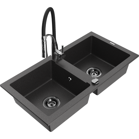Mexen Mario granitový dřez 2-komorový s kuchyňskou baterií Aster, černý s tečkami - 6504-76-73450-07-B