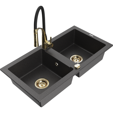 Mexen Mario žulový dřez 2-komorový s kuchyňskou baterií Aster, černý tečkovaný - 6504-76-73450-57-G