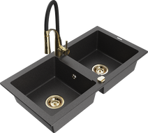 Mexen Mario žulový dřez 2-komorový s kuchyňskou baterií Aster, černý tečkovaný - 6504-76-73450-57-G