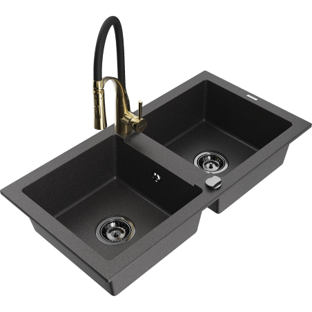 Mexen Mario granitový dřez 2-komorový s kuchyňskou baterií Aster, černý skvrnitý - 6504-76-73450-57-B
