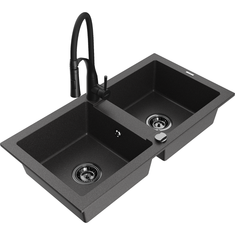 Mexen Mario granitový dřez 2-komorový s kuchyňskou baterií Aster, černý kropenatý - 6504-76-73450-70-B