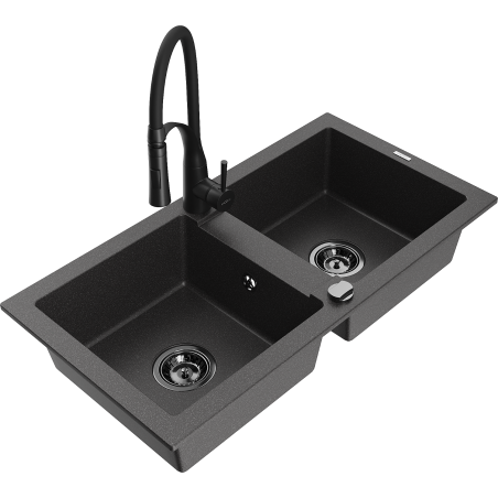 Mexen Mario granitový dřez 2-komorový s kuchyňskou baterií Aster, černý kropenatý - 6504-76-73450-70-B