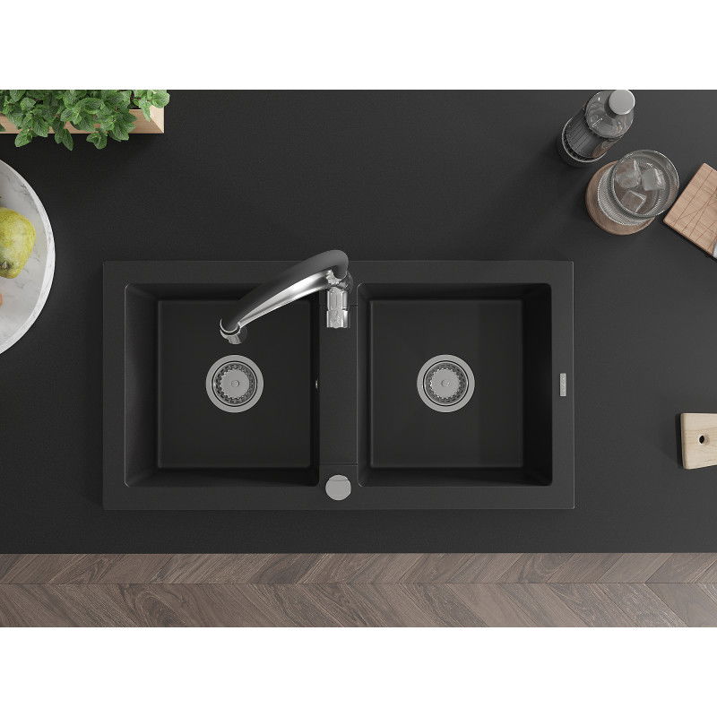 Mexen Mario žulový dřez dvoukomorový s kuchyňskou baterií Aster, černý - 6504-77-73450-07