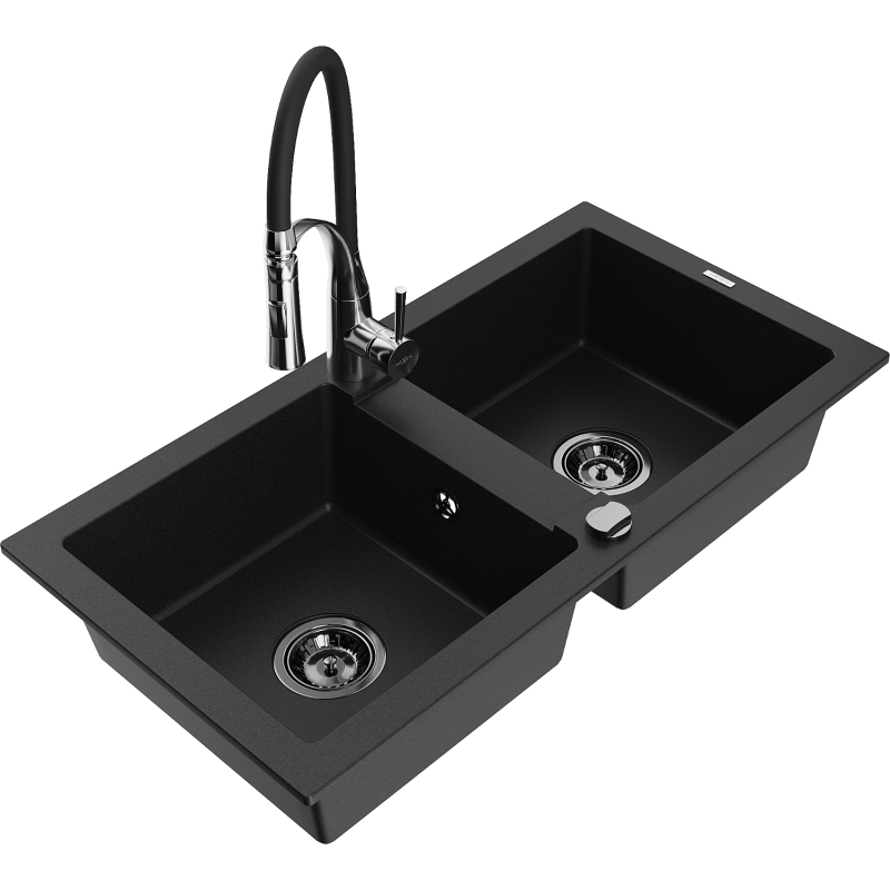 Mexen Mario dvoukomorový žulový dřez s kuchyňskou baterií Aster, černý - 6504-77-73450-07-B