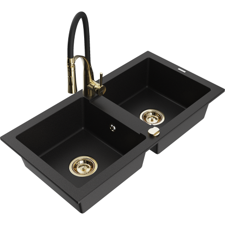 Mexen Mario 2-komorový žulový dřez s kuchyňskou baterií Aster, černý - 6504-77-73450-57-G